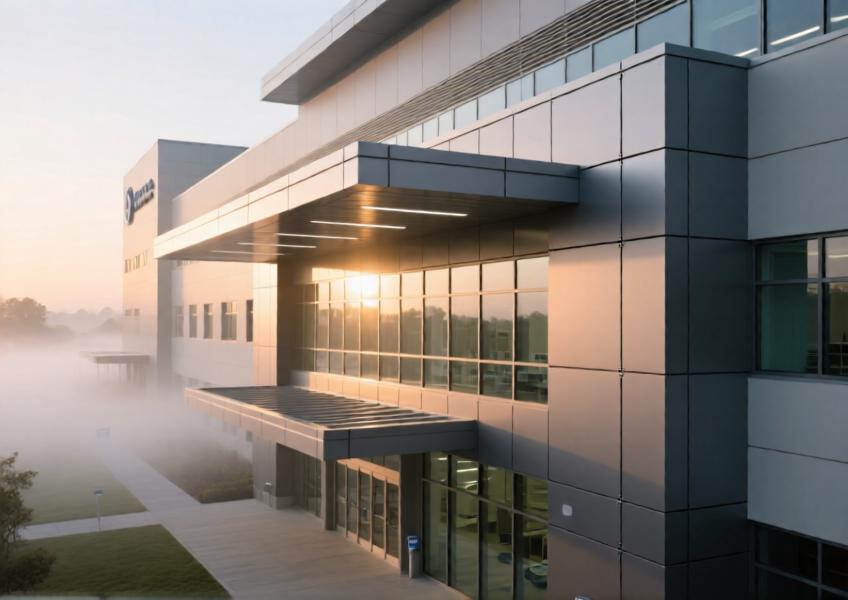 Close-up of a hospital façade at dawn with charcoal grey matte non combustible aluminium cladding, emphasizing safety, texture, and serene design.