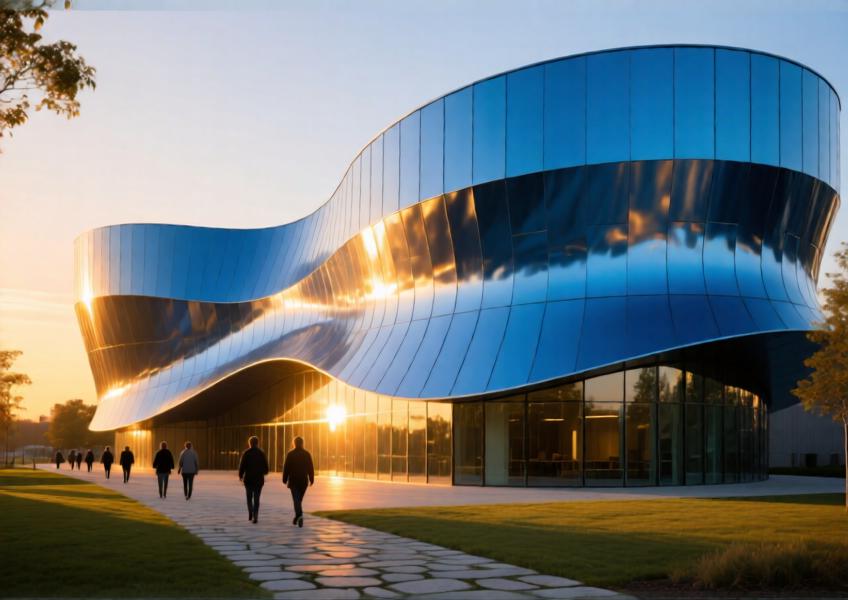 Cultural center with curved anodized blue aluminum cladding illuminated at sunset, blending artistry and engineering.
