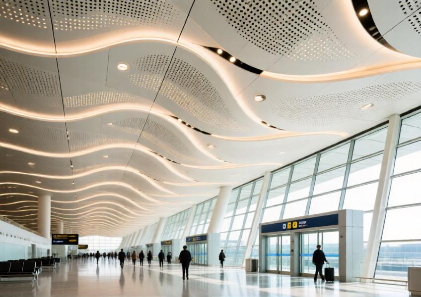 Airport terminal interior with perforated pearl white aluminium ceiling panels