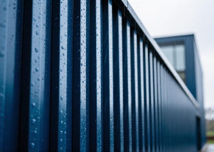 Close-up of deep navy blue powder-coated aluminium batten cladding on a public building, emphasizing texture, color, and weather performance.