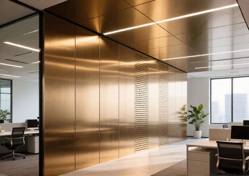 Modern open-plan office with champagne gold brushed aluminum wall and ceiling panels, featuring perforated sections and ambient lighting for a seamless, airy design.