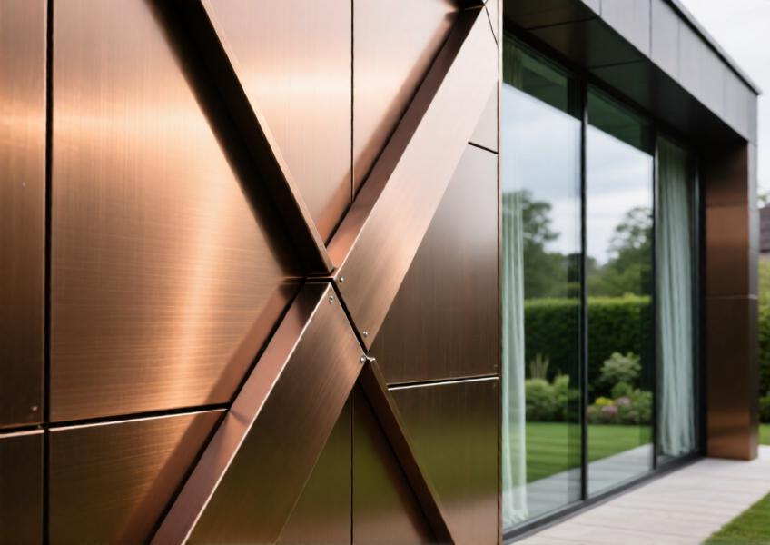 Detailed view of bronze-finished aluminium cladding demonstrating texture, precision installation, and premium material quality.