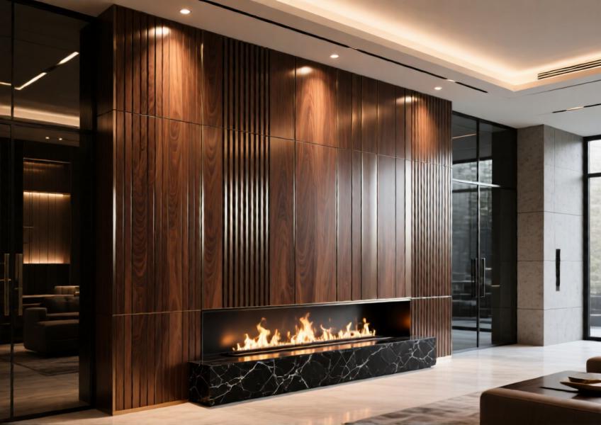 Interior feature wall using warm walnut-brown aluminum timber cladding in a high-end lobby with integrated fireplace