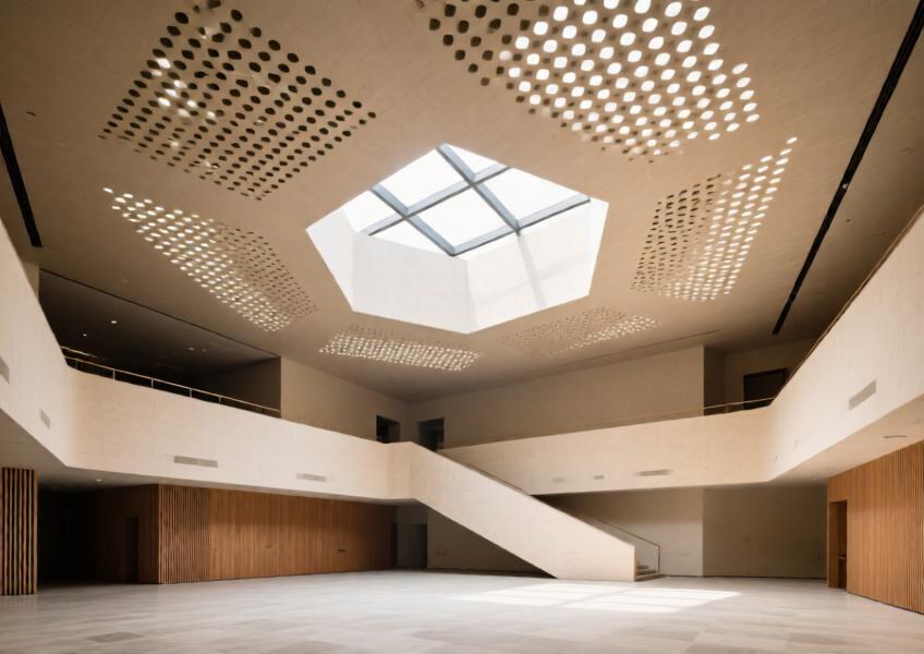 Perforated matte sandstone beige aluminum ceiling in a Shanghai cultural center, blending acoustics and ambient light diffusion.