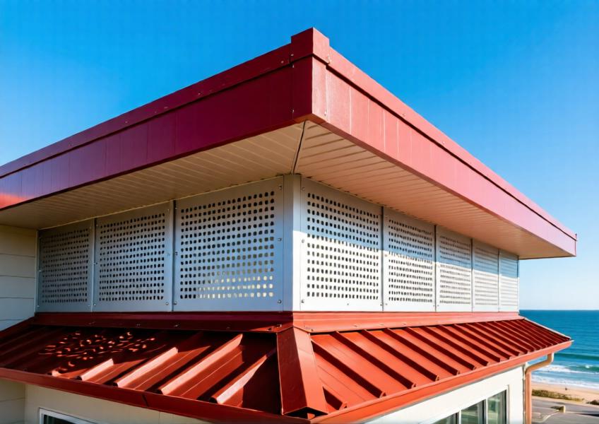 Detail of red oxide-finished aluminum cladding roof integrated with perforated sunshade panels on a coastal building.