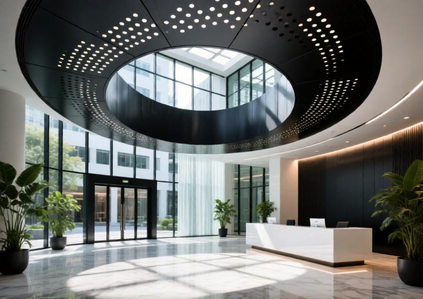 Modern commercial lobby with a curved matte black aluminum ceiling and sunlight effects.
