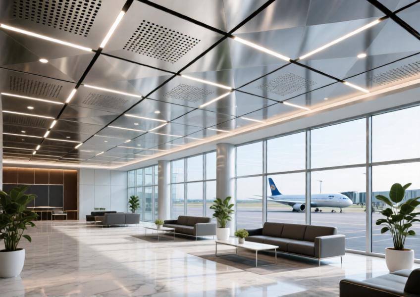 Brushed silver aluminum ceiling panels in a modern airport lounge provide acoustic and aesthetic performance.