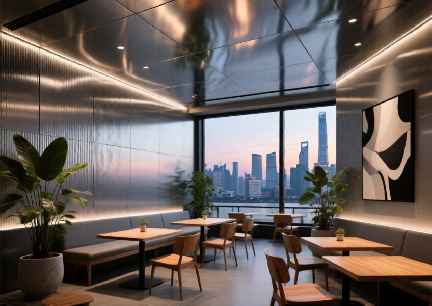 Contemporary Shanghai café with coordinated pearl gray brushed aluminum wall and ceiling panels reflecting ambient light, blending industrial elegance with natural elements.