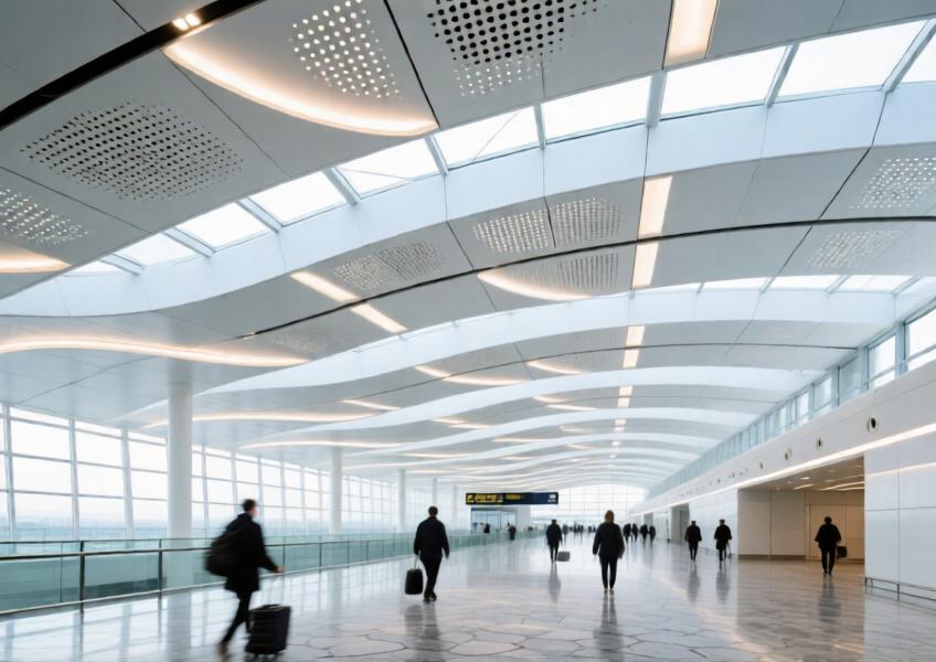 Airport interior with perforated matte white aluminum ceiling under natural and artificial light