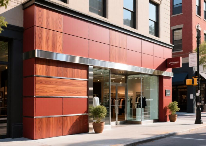 Boutique storefront with matte terracotta red wood-effect powder coated aluminium cladding.
