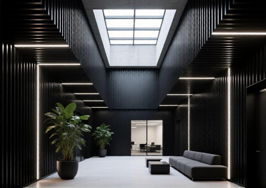 Interior atrium with coordinated matte black aluminum wall and ceiling panels, blending acoustics and minimalist design.