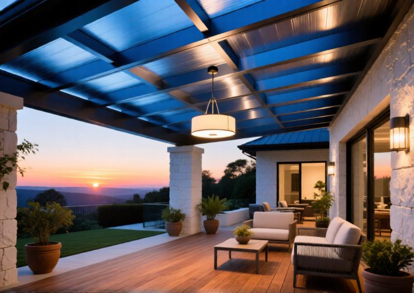 Covered terrace with anodized blue aluminum ceiling at sunset, blending modern materials with luxurious outdoor living.