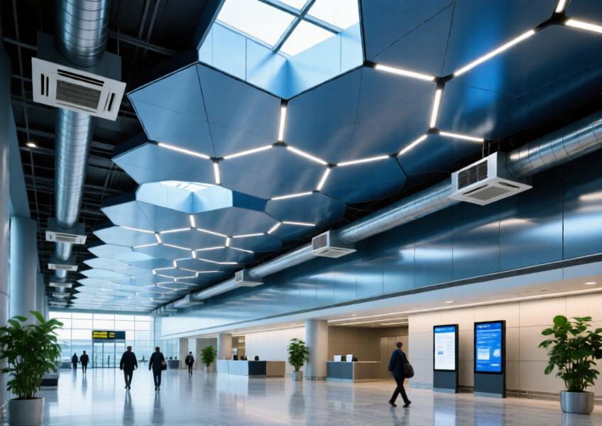 Luxury airport interior with anodized blue aluminum ceiling integrating lighting and climate systems in a spacious, modern terminal.