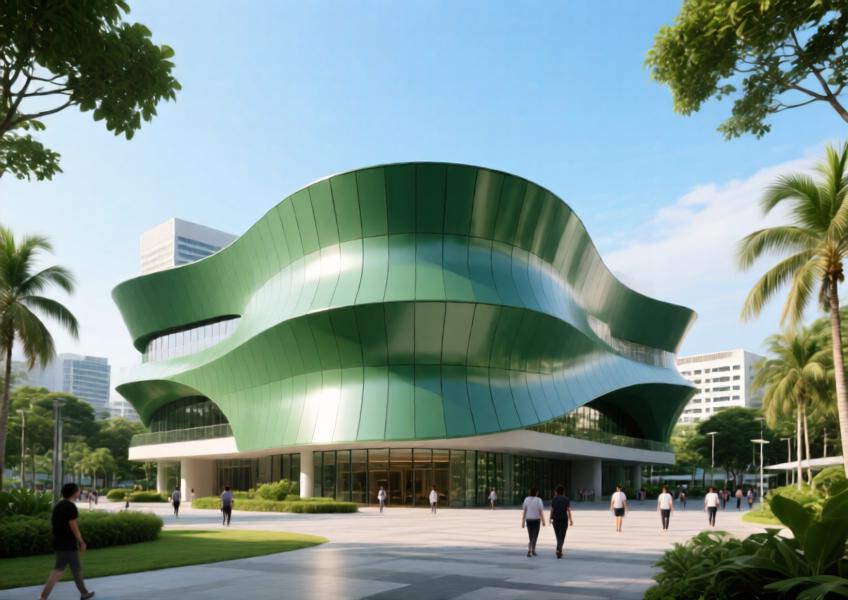 Matte forest green powder-coated aluminium cladding on a dynamic cultural center façade, reflecting daylight in a tropical urban setting.
