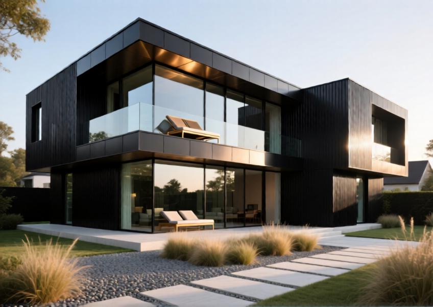 Luxury villa showcasing matte black and bronze aluminum cladding in a contemporary design.