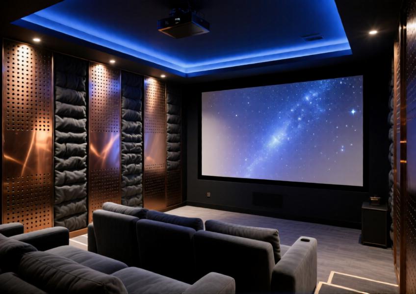 Perforated brushed bronze aluminum wall panels with backlighting in a high-performance home theater setting