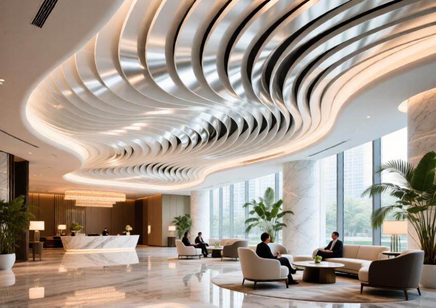 Luxury hotel lobby with dynamic wave-shaped white aluminum ceiling design.