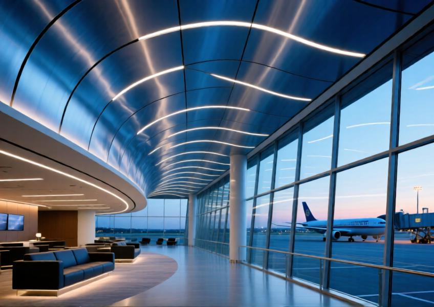 A serene airport lounge interior with an anodized blue curved aluminum ceiling illuminated by ambient lighting.