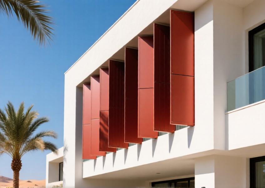 Luxury villa in Dubai with terracotta red PVDF-clad aluminum sunshades under strong desert sunlight