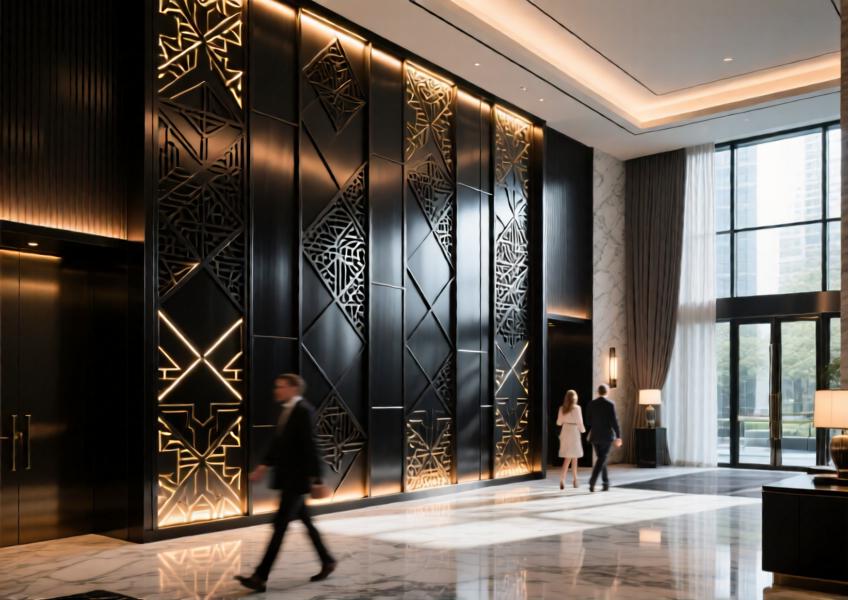 Luxury hotel lobby with a laser-cut matte black aluminum feature wall glowing under integrated lighting.