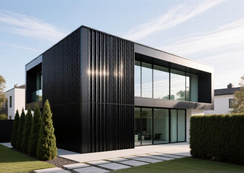 Modern villa with matte black aluminum curtain wall cladding under morning light, showcasing sleek architectural lines and integration with glass.