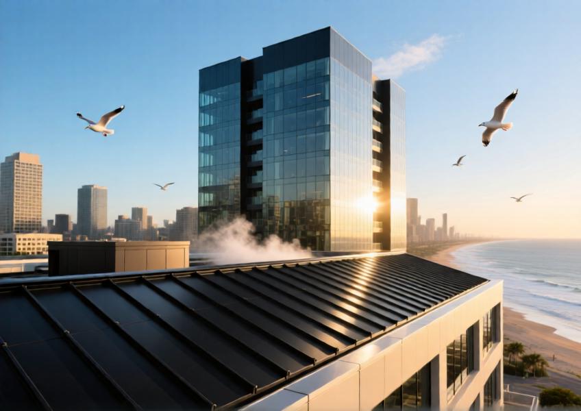 Modern high-rise with matte black aluminum roofing in a coastal urban setting, showcasing durability and sleek design.