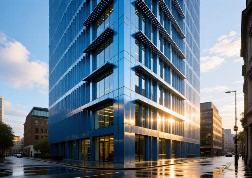 High-rise office building with anodized blue aluminium rain-screen cladding under natural golden hour light