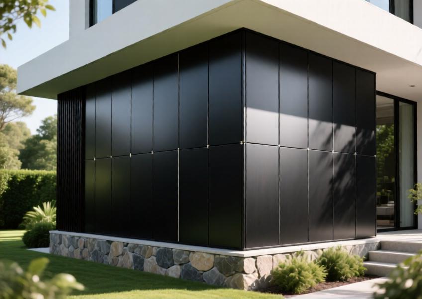 Close-up of matte black aluminum wall panels on a luxury villa, emphasizing texture, finish, and integration with natural surroundings.