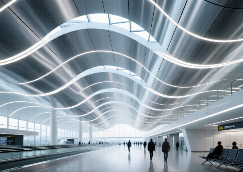 Spacious airport terminal with wave-patterned aluminium ceiling panels and integrated LED lighting.