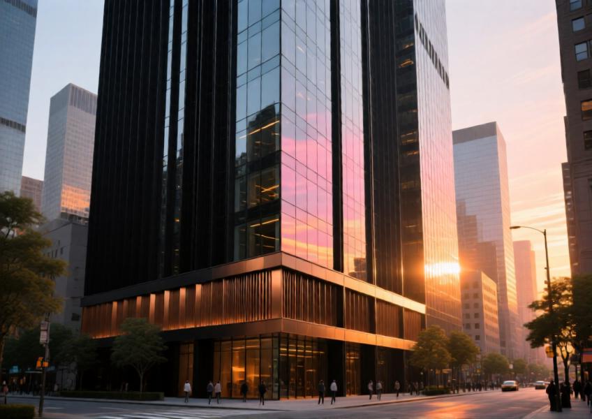 Modern skyscraper with a matte black aluminum curtain wall illuminated by golden hour light, showcasing structural precision and elegant material finishes.