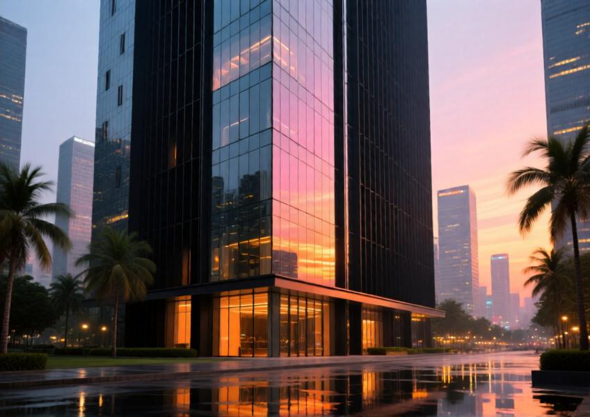 Modern skyscraper with matte black aluminum curtain wall at sunset, highlighting energy-efficient design and urban context.