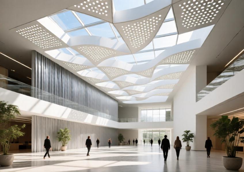 Luxury cultural center atrium with white-painted aluminium ceiling system and glazed roof, blending architecture and natural light.