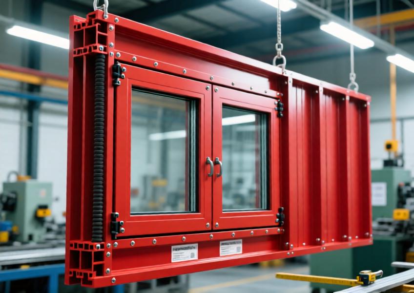 Close-up of a vibrant red powder-coated aluminum curtain wall panel during prefabrication in a manufacturing facility