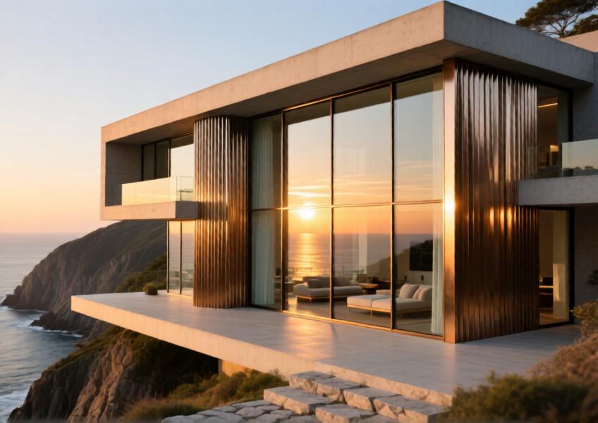 Luxury coastal villa featuring anodized bronze aluminum curtain walls blending indoor and outdoor spaces at sunset