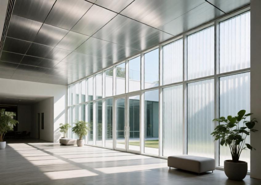 Atrium interior lit by a glazed aluminium curtain wall, demonstrating seamless indoor-outdoor design harmony.