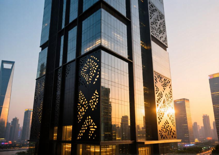 Modern skyscraper with decorative matte black aluminum curtain wall under golden hour lighting