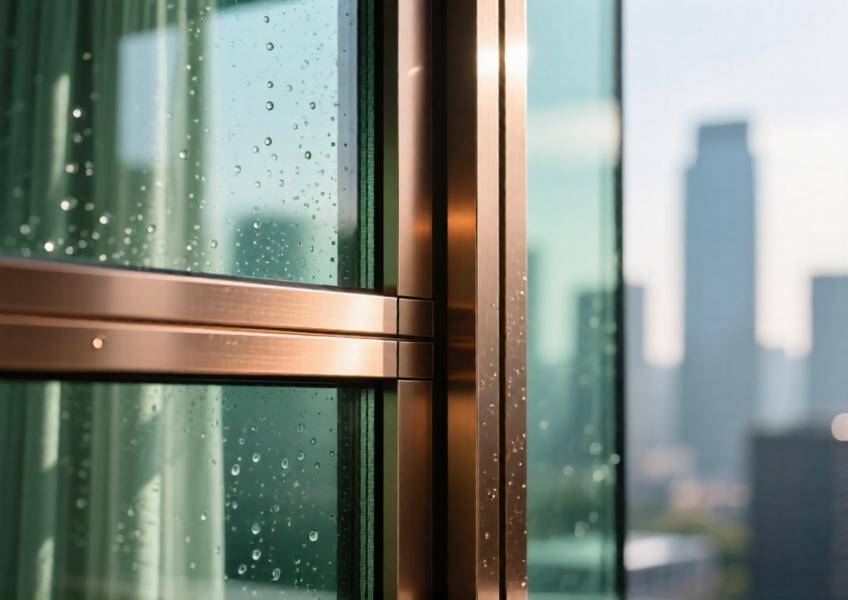 Detailed view of bronze anodized aluminium and energy-efficient glass in a curtain wall, showing material quality and weather performance.