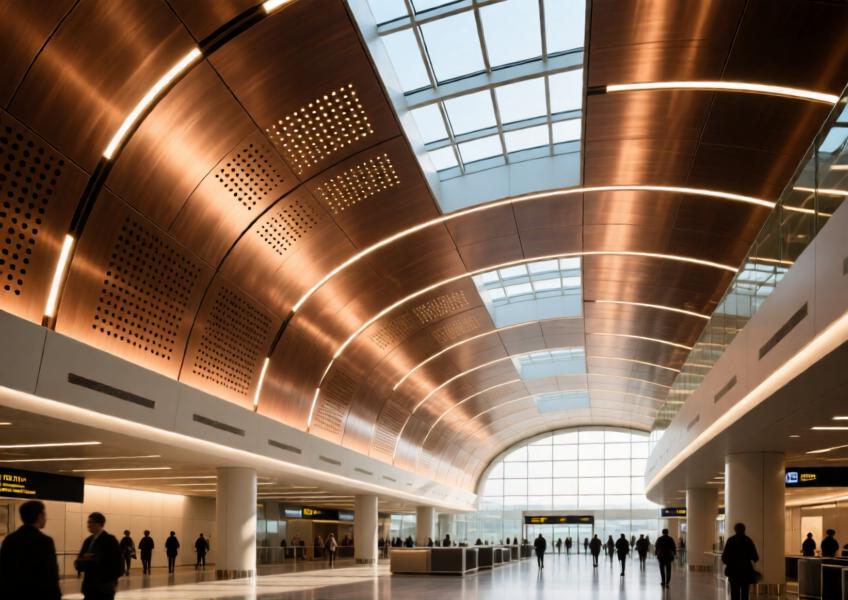 Luxury airport atrium with curved bronze-finished aluminum ceiling.