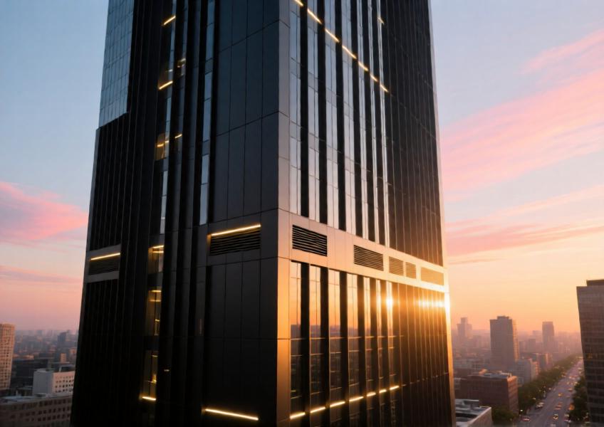Modern skyscraper with matte black aluminum curtain wall at sunset.