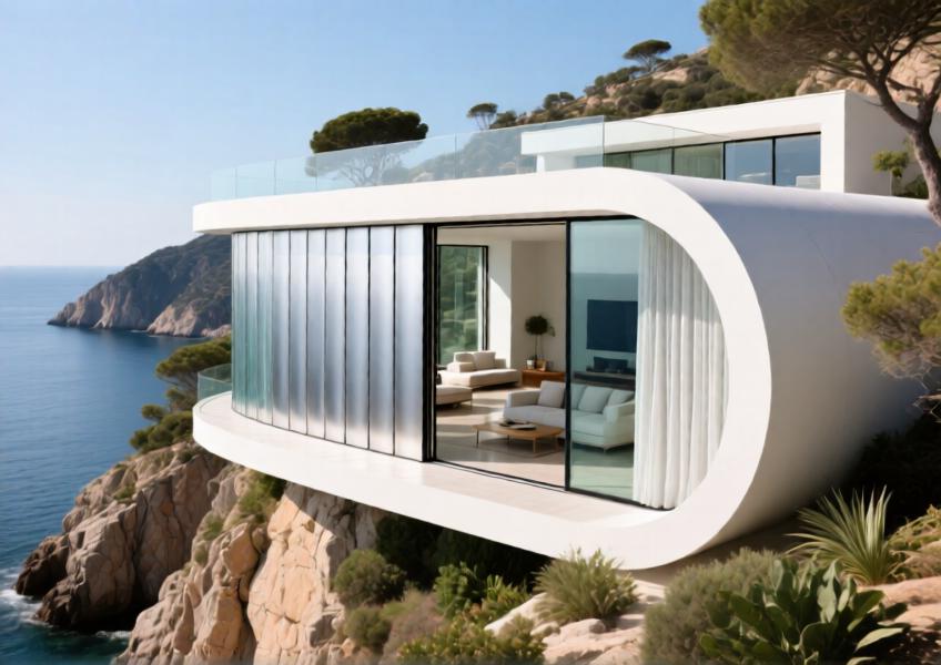 Luxury cliffside villa with matte white aluminum curtain wall opening to scenic coastline