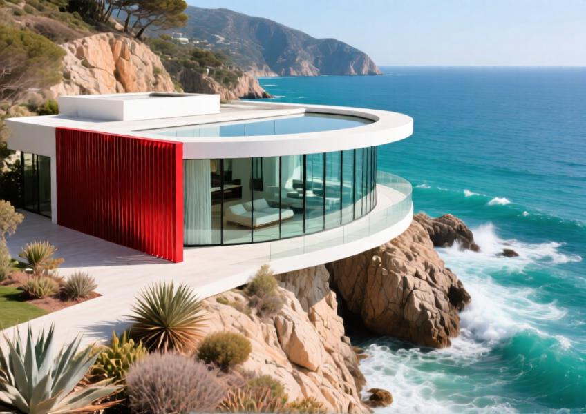 Luxury cliffside villa with vibrant red aluminium curtain walling, combining modern design and coastal sustainability.