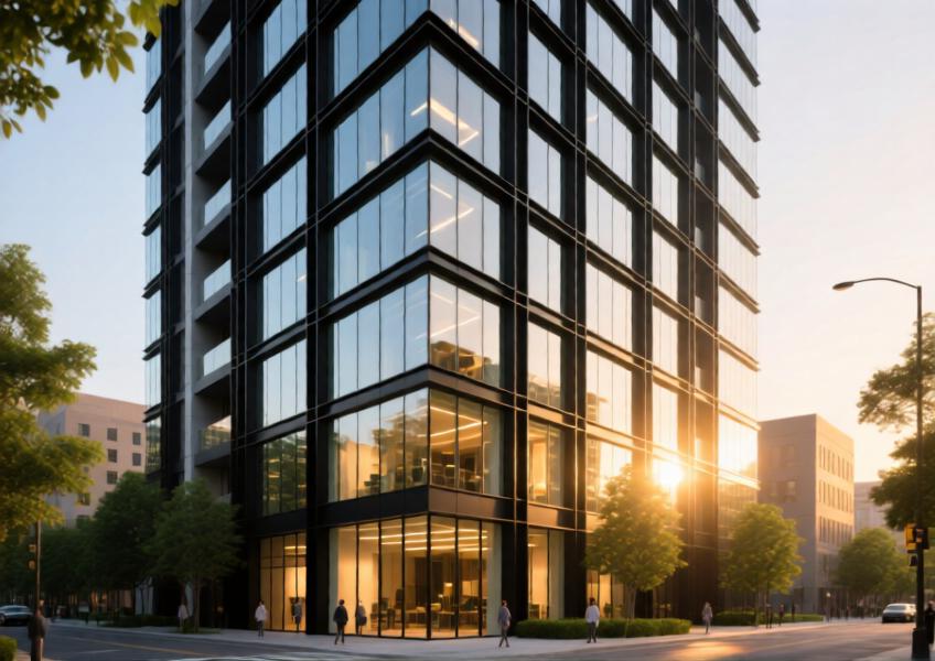 Modern high-rise with matte black glazed aluminium curtain wall at sunset, showcasing energy efficiency and elegant design.