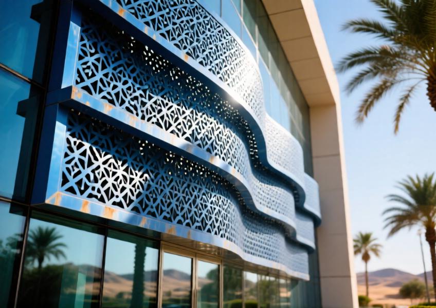 Cultural landmark with anodized blue perforated aluminum decorative facade.
