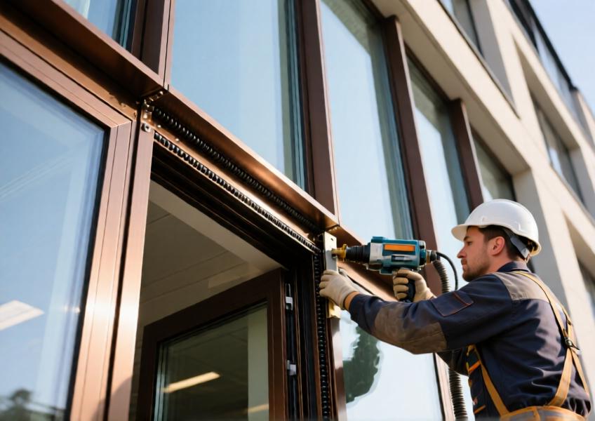Detailed view of anodized bronze aluminum curtain wall during professional installation