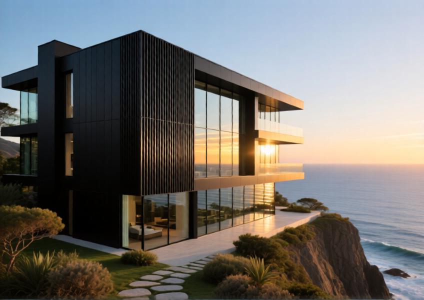 Luxury cliffside villa with matte black aluminum curtain wall panels at sunrise, blending modern design with natural surroundings.