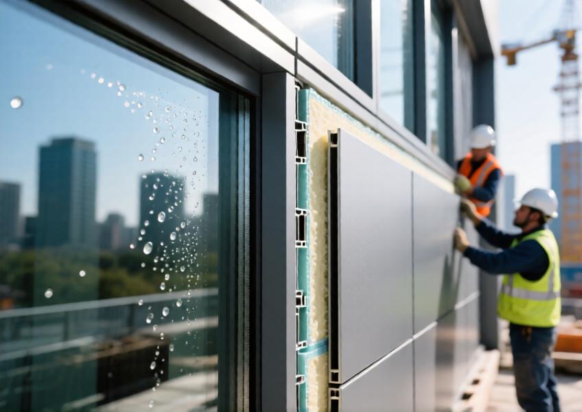 Close-up of matte gray anodized aluminum curtain wall during installation, showcasing thermal breaks and modular construction.