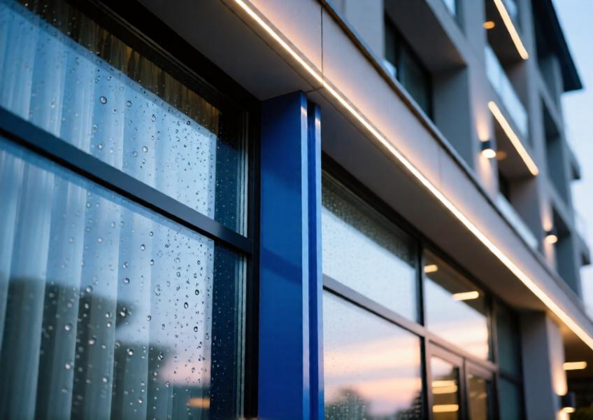 Close-up of a deep blue powder-coated aluminum curtain wall section showing fine details of glass-aluminum interface and surface finishes.