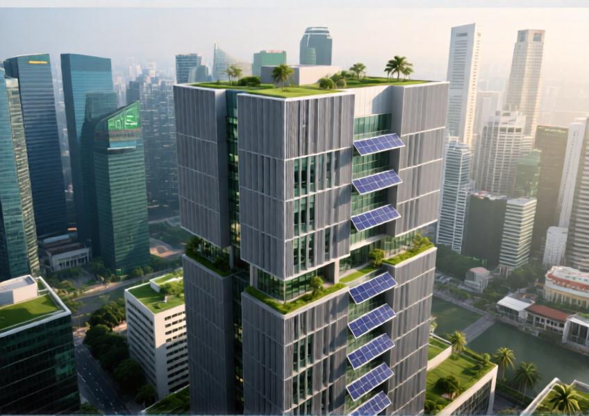Aerial perspective of an energy-efficient skyscraper with matte gray aluminum curtain wall panels in a tropical urban setting.