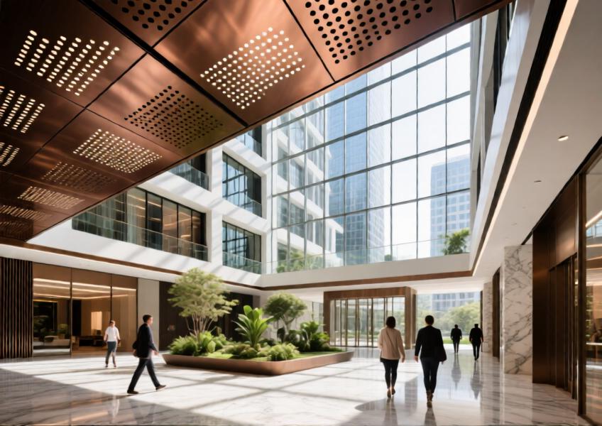 Interior atrium with bronze-finished perforated aluminum ceiling integrated with curtain wall design, blending form and function.