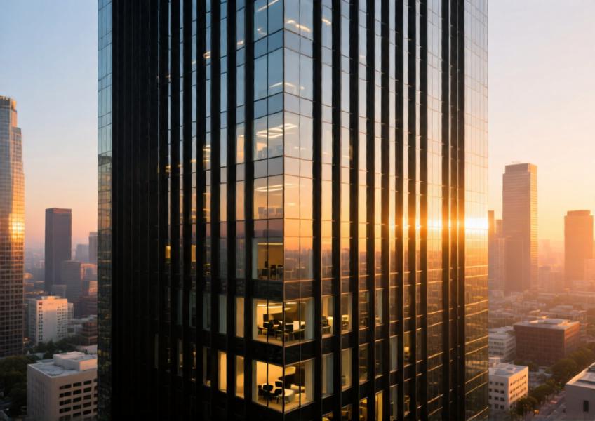 Modern high-rise with matte black aluminum curtain wall at sunset in Los Angeles